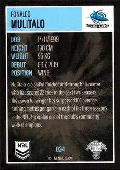 2022 NRL Elite #034 Ronaldo Mulitalo Back